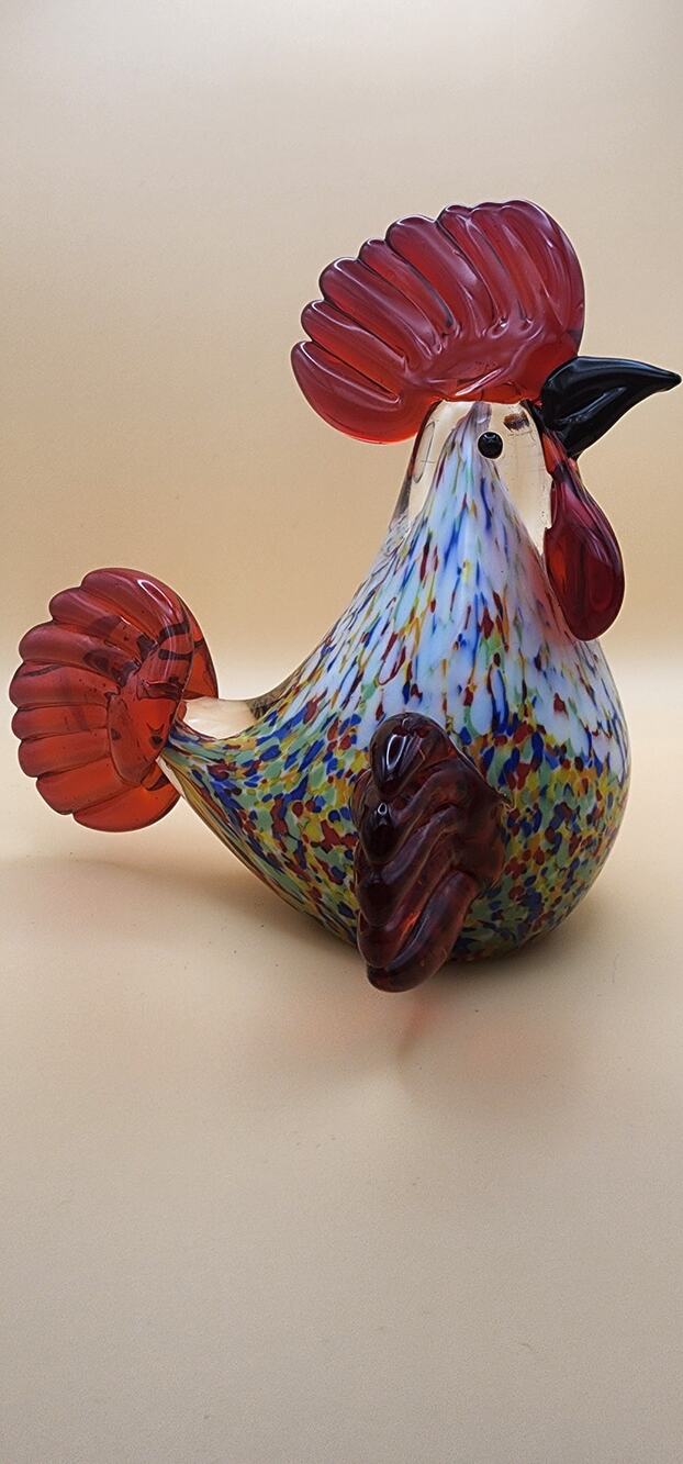 Art Glass Rooster Figurine Multicolor Confetti Red Comb Heavy 5.75" Chicken